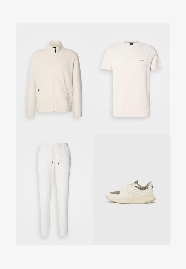 Off-white zip-up jacket with stand collar, long sleeves, side pockets, and subtle "BOSS" logo on the left chest.; Cotton t-shirt in off-white with a crew neckline. Features a small black "BOSS" logo on the chest. Regular fit and short sleeves.; White slim-fit pants with belt loops, side pockets, and a front drawstring closure with metal tips on a plain background.; White and light beige athletic sneaker, featuring a mesh upper, perforated detailing, and a textured midsole with branding on the heel.