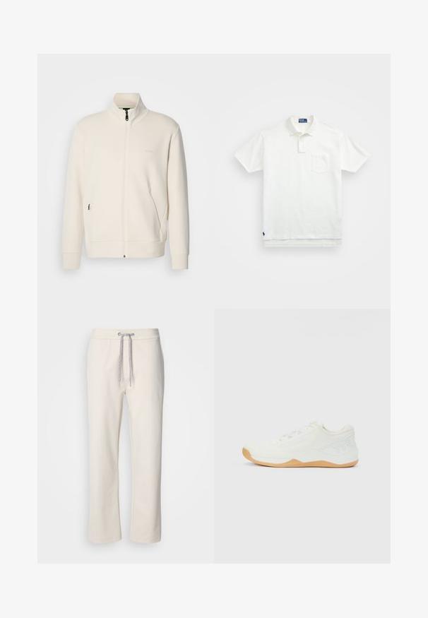 Off-white Zip-Jacke mit Stehkragen, langen Ärmeln, Seitentaschen und dezenter "BOSS"-Logo auf der linken Brust.; Weißes Poloshirt aus Baumwolle, mit klassischem Kragen, Drei-Knopf-Leiste und einer linken Brusttasche; kleines Logo am Saum.; Beige lässige Hosen mit einem Kordelzugbund und geraden Beinen, vor einem schlichten weißen Hintergrund präsentiert.; Weiße, niedrige Sportschuhe mit gestricktem Obermaterial, beige Gummisohle, Schnürsenkeln und erhabenem "TYR"-Logo an der Ferse.