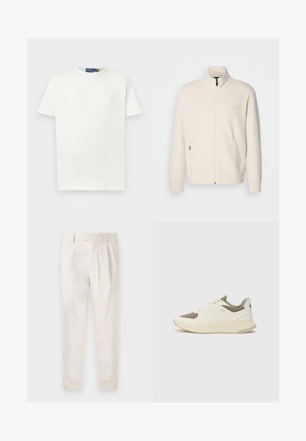 Krémová zipová bunda s vysokým límcem, dlouhými rukávy, bočními kapsami a jemným logem "BOSS" na levé části hrudi.; Jednoduché bílé tričko s krátkým rukávem a kulatým výstřihem, se subtilním vyšitým logem na levé hrudi a značkovou etikettou na límci.; Bílé, plisované kalhoty s upraveným střihem, které mají hladkou texturu, poutka na opasek a zúžené nohavice. Bez viditelných kapes nebo vzorů.; Bílé a světle béžové atletické tenisky, které mají síťovaný svršek, perforované detaily a texturovanou mezipodešev s logem na patě.