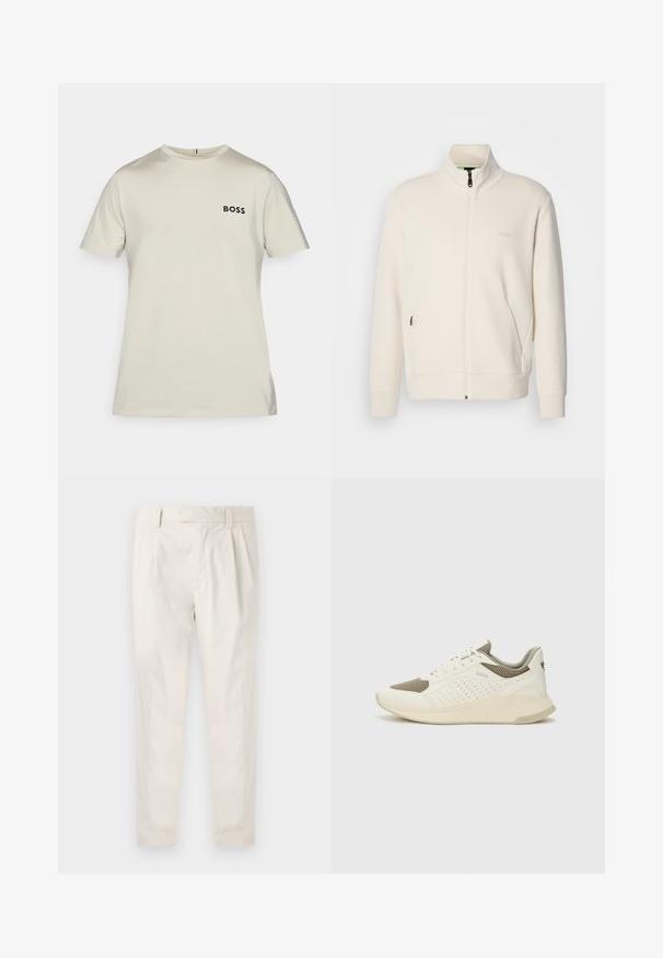Kreemi värvi lukuga jakk kõrge kraega, pikkade varrukatega, küljetaskutega ja diskreetse "BOSS" logo ka vasakul rinnal.; Helebeige lühikeste varrukatega T-särk siledast kangast, millel on must "BOSS" logo rinnal ja peened tekstuurilised aktsendid.; Valged volditud püksid, mis on kohandatud sobivusega, sujuva tekstuuriga, vööloopidega ja kitsenevate jalgadega. Pole nähtavaid taskuid ega mustreid.; Valge ja heledat beeži värvi spordijalats, millel on õhuke võrkmaterjal, perforatsioonidega detailid ning tekstuuriga vahetald, millel on brändi logo kannaosas.
