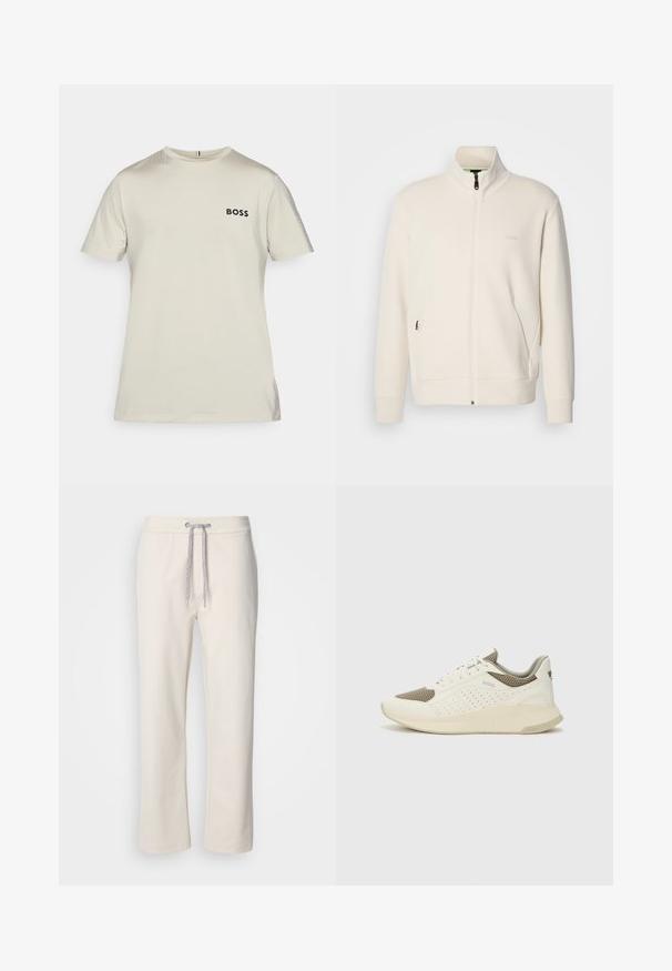 Ζακέτα σε off-white απόχρωση με κλείσιμο φερμουάρ, όρθιο γιακά, μακριά μανίκια, πλάγιες τσέπες και διακριτό λογότυπο "BOSS" στο αριστερό στήθος.; Ανοιχτό μπεζ t-shirt κοντό μανίκι φτιαγμένο από απαλό ύφασμα, με μαύρο λογότυπο "BOSS" στο στήθος και διακριτές υφασμάτινες λεπτομέρειες.; Κρεμής χρώματος casual παντελόνι με ελαστική μέση και ίσια πόδια, τοποθετημένο σε ουδέτερο λευκό φόντο.; Λευκό και ανοιχτό μπεζ αθλητικό παπούτσι, με επάνω μέρος από διχτυωτό υλικό, διακοσμήσεις με περφορέ και υφή στην ενδιάμεση σόλα με επωνυμία στη φτέρνα.