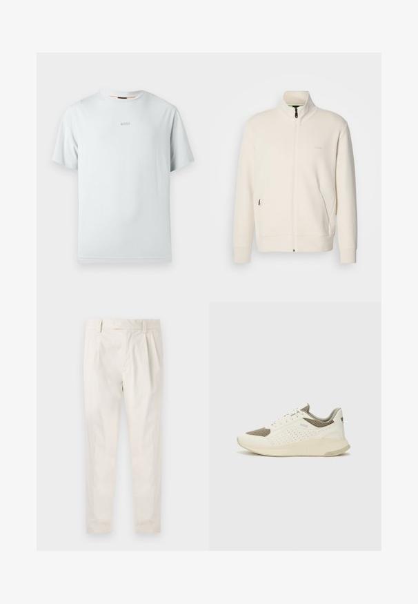 Off-white zip-up jacket with stand collar, long sleeves, side pockets, and subtle "BOSS" logo on the left chest.; Light blue short-sleeve t-shirt made of soft cotton. Features a round neckline and a subtle 'BOSS' logo in a slightly darker shade.; White, pleated trousers with a tailored fit, featuring a smooth texture, belt loops, and tapered legs. No visible pockets or patterns.; White and light beige athletic sneaker, featuring a mesh upper, perforated detailing, and a textured midsole with branding on the heel.