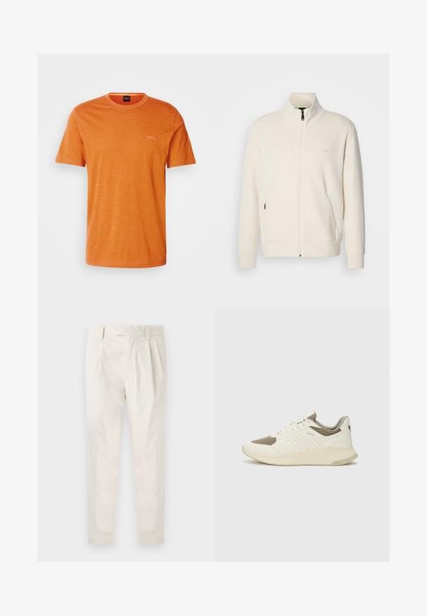 Hosszú ujjú, álló galléros, krémfehér cipzáras dzseki, oldalsó zsebekkel és diszkrét "BOSS" logóval a bal mellrészen.; Rövid ujjú, piros narancssárga pamut póló, kerek nyakkivágással és diszkrét, hozzá illő színű 'BOSS' logóval a mellen.; Fehér, pliszírozott nadrág, testre szabott szabással, sima felülettel, övhurkokkal és karcsú lábszárral. Nincs látható zseb vagy minta.; Fehér és világos bézs sportcipő, légies hálós felsőrésszel, perforált részletekkel és texturált középtalppal, amelyen a saroknál a márka logója található.