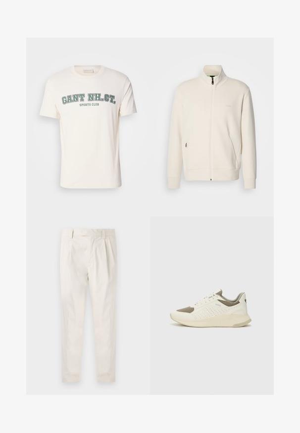 Hosszú ujjú, álló galléros, krémfehér cipzáras dzseki, oldalsó zsebekkel és diszkrét "BOSS" logóval a bal mellrészen.; Krém színű pamut póló, körülnyakkivágással és rövid ujjakkal. Az elején zöld és fekete szöveggel található a "GANT NH. CT." és a "SPORTS CLUB" felirat.; Fehér, pliszírozott nadrág, testre szabott szabással, sima felülettel, övhurkokkal és karcsú lábszárral. Nincs látható zseb vagy minta.; Fehér és világos bézs sportcipő, légies hálós felsőrésszel, perforált részletekkel és texturált középtalppal, amelyen a saroknál a márka logója található.