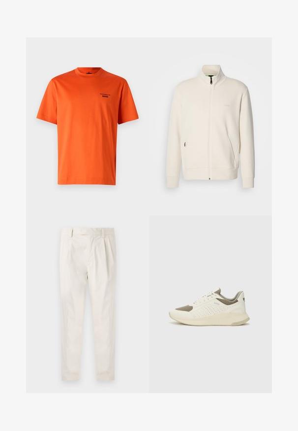 Oficialiai balta zip-up striukė su stovinčia apykakle, ilgomis rankovėmis, šoninėmis kišenėmis ir subtiliu "BOSS" logotipu kairėje krūtinės pusėje.; Oranžinė medvilninė marškinėliai su apvaliu kaklu, trumpomis rankovėmis ir juodu logotipo spaudiniu kairėje krūtinės pusėje. Lygi tekstūra ir paprastas dizainas.; Balti, susiūtos kelnes, turinčios pritaikytą siluetą, pasižyminčias lygia tekstūra, dirželio kilpomis ir siaurėjančiomis kojomis. Nėra matomų kišenių ar raštų.; Baltas ir šviesiai bežinis sportinis kedas, su tinklo viršumi, perforuotais detalėmis ir tekstūruotu tarpine su logotipu ant kulno.