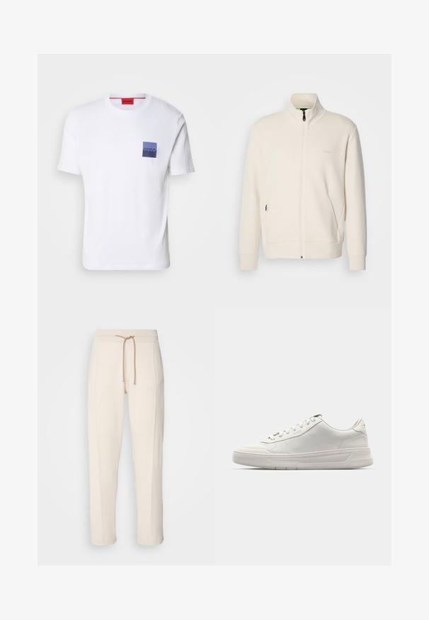 Off-white krūškurvja jaka ar uzacīšu apkakli, garām piedurknēm, sānu kabatām un diskrētu "BOSS" logo uz kreisā krūškurvja.; Baltas kokvilnas T-krekls ar īsām piedurknēm, ar zilu un violetu kvadrātveida krūšu kabatu, kurā redzams "HUGO" logo baltā krāsā. Sarkans apkakles uzlīme.; BOSS DONETTO - Treniņtērpa apakšdaļas - open white; Baltas sporta apavi ar gludu ādas virsu, apaļu purngalu, saistēm un biezu gumijas zolīti. Uz sāna ir smalka logotipa emblēma.