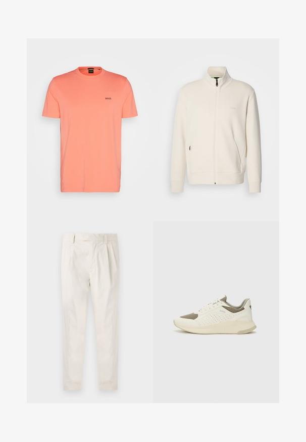 Giacca zip-up bianco sporco con colletto alto, maniche lunghe, tasche laterali e sottile logo "BOSS" sul lato sinistro del petto.; T-shirt a maniche corte di un vivace corallo, realizzata in morbido cotone. Presenta un collo rotondo e un piccolo logo "BOSS" nero sul petto.; Pantaloni bianchi plissettati con taglio su misura, caratterizzati da una texture liscia, passanti per la cintura e gambe affusolate. Nessuna tasca o motivo visibile.; Sneaker atletica bianca e beige chiaro, con tomaia in mesh, dettagli perforati e una suola intermedia texturizzata con marchio sul tallone.