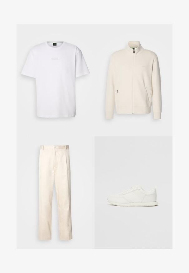 Casaco com fecho éclair em tom off-white, com colarinho elevado, mangas longas, bolsos laterais e um discreto logótipo "BOSS" no lado esquerdo do peito.; T-shirt de algodão branca, com mangas curtas, decote redondo e logotipo "BOSS" em relevo no peito. Textura suave, ajuste padrão.; Calças de algodão bege com corte reto, apresentando um fecho de botão e pregas na frente para um detalhe adicional.; Sapatilha branca com parte superior em malha e sintético, bico arredondado, atacadores planos e uma faixa lateral texturizada. Sola em borracha com uma alça na parte de trás.