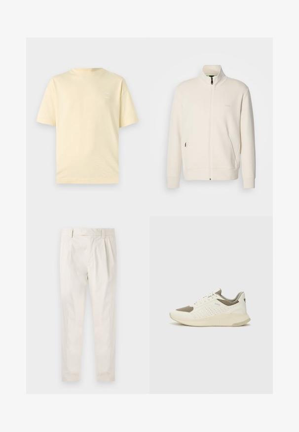 Off-white zip-up jack met staande kraag, lange mouwen, zijzakken en een subtiele "BOSS" logo op de linkerborst.; Lichtgele katoenen T-shirt met ronde halslijn en korte mouwen. Heeft een subtiele, gedrukte logo op de linker borst.; Witte, geplooide broeken met een getailleerde pasvorm, met een gladde textuur, riemlussen en taps toelopende benen. Geen zichtbare zakken of patronen.; Witte en lichtbeige sport sneaker, met een bovenwerk van mesh, geperforeerde details en een gestructureerde tussenzool met branding op de hiel.