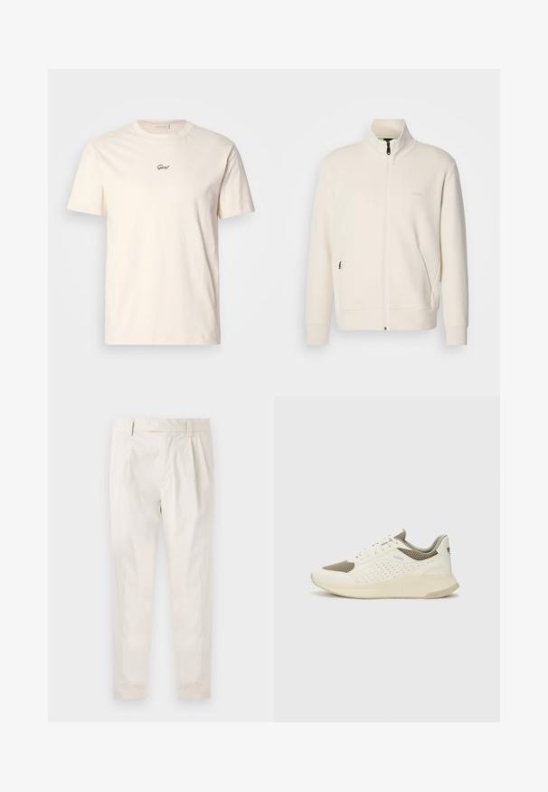Lysbeige zip-up jakke med ståkrave, lange ærmer, sidelommer og diskret "BOSS" logo på venstre bryst.; Cremefarvet bomulds t-shirt med korte ærmer og rund udskæring. Har et lille sort broderet logo på brystet. Blød tekstur.; Hvide, plisserede bukser med en skræddersyet pasform, der har en glat overflade, bæltestropper og smalnede ben. Ingen synlige lommer eller mønstre.; Hvide og lyse beige sportssko med en mesh-overdel, perforerede detaljer og en tekstureret mellemsål med branding på hælen.
