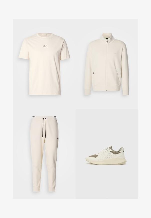 Lysbeige zip-up jakke med ståkrave, lange ærmer, sidelommer og diskret "BOSS" logo på venstre bryst.; Cremefarvet bomulds t-shirt med korte ærmer og rund udskæring. Har et lille sort broderet logo på brystet. Blød tekstur.; Cremefarvede joggerbukser med elastisk talje og snøre, sorte detaljer, smalle ben og sidelommer.; Hvide og lyse beige sportssko med en mesh-overdel, perforerede detaljer og en tekstureret mellemsål med branding på hælen.