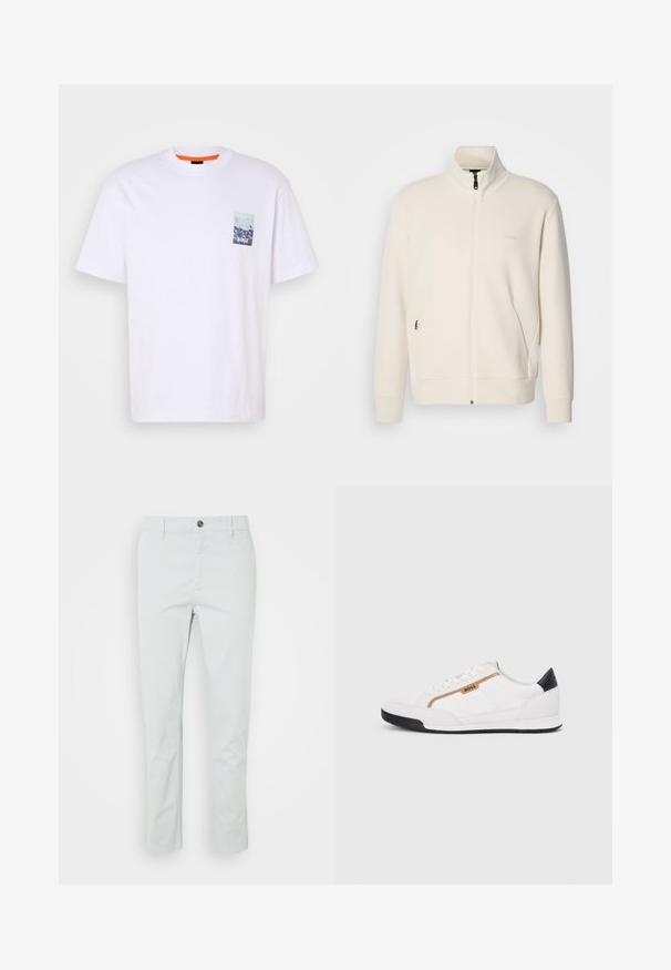 Oficialiai balta zip-up striukė su stovinčia apykakle, ilgomis rankovėmis, šoninėmis kišenėmis ir subtiliu "BOSS" logotipu kairėje krūtinės pusėje.; Balta medvilninė marškinėliai su trumpomis rankovėmis, apvaliu iškirpimu ir mažu mėlynu grafiniu kišenės dizainu su užrašu "BOSS" priekyje.; Šviesiai žali medvilniniai kelnių su tiesia kirpimu, turintys priekinį mygtuko užsegimą ir šonines kišenes. Lygus paviršius, be matomų raštų.; Balti sportiniai bateliai su tinklinėmis ir odinėmis detalėmis. Yra auksinė "BOSS" logotipas, tekstūruoti šonai ir juodas kulno dangtelis. Guminis padas.