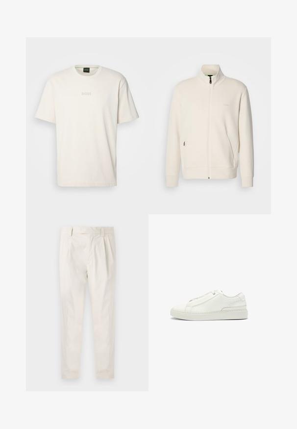 Off-white Zip-Jacke mit Stehkragen, langen Ärmeln, Seitentaschen und dezenter "BOSS"-Logo auf der linken Brust.; BOSS TEE - T-Shirt basic - open white; Weiße, plissierte Hose mit taillierten Schnitt, die eine glatte Textur, Gürtelschlaufen und schmal zulaufende Beine aufweist. Keine sichtbaren Taschen oder Muster.; Weiße Leder-Sneaker mit strukturierter Oberseite, runder Zehenform, minimalistischem Design und Gummisohle mit gestickten Details.