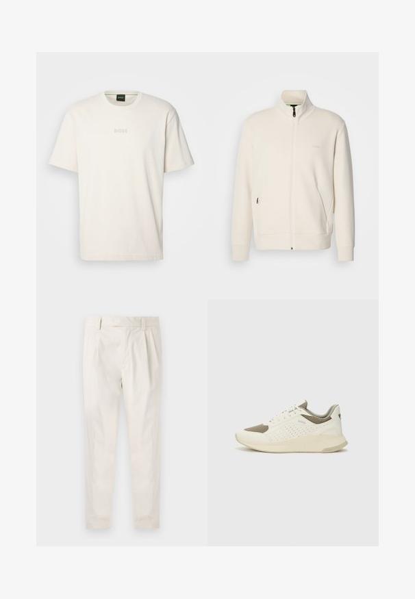 Lysbeige zip-up jakke med ståkrave, lange ærmer, sidelommer og diskret "BOSS" logo på venstre bryst.; BOSS TEE - T-shirts basic - open white; Hvide, plisserede bukser med en skræddersyet pasform, der har en glat overflade, bæltestropper og smalnede ben. Ingen synlige lommer eller mønstre.; Hvide og lyse beige sportssko med en mesh-overdel, perforerede detaljer og en tekstureret mellemsål med branding på hælen.