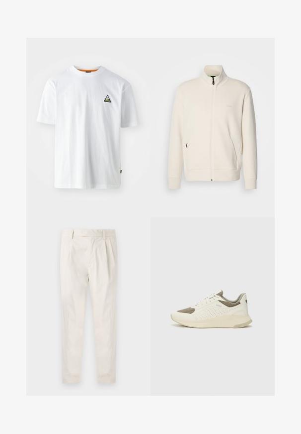 Oficialiai balta zip-up striukė su stovinčia apykakle, ilgomis rankovėmis, šoninėmis kišenėmis ir subtiliu "BOSS" logotipu kairėje krūtinės pusėje.; Balta medvilninė marškinėliai su apvalia iškirpte, trumpomis rankovėmis ir trikampiu siuvinėtu logotipu žaliai juodai kairėje krūtinės pusėje.; Balti, susiūtos kelnes, turinčios pritaikytą siluetą, pasižyminčias lygia tekstūra, dirželio kilpomis ir siaurėjančiomis kojomis. Nėra matomų kišenių ar raštų.; Baltas ir šviesiai bežinis sportinis kedas, su tinklo viršumi, perforuotais detalėmis ir tekstūruotu tarpine su logotipu ant kulno.