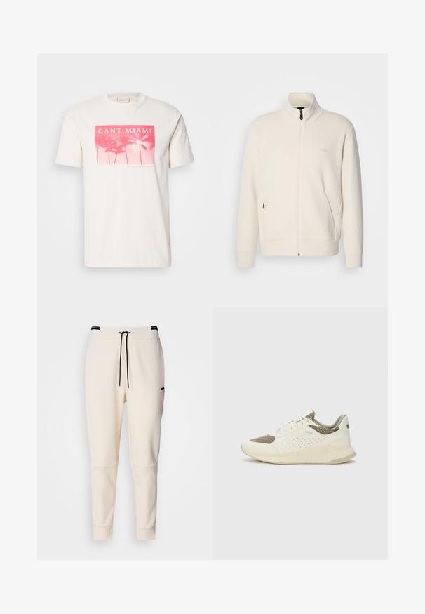 Off-white krūškurvja jaka ar uzacīšu apkakli, garām piedurknēm, sānu kabatām un diskrētu "BOSS" logo uz kreisā krūškurvja.; Balta kokvilnas T-krekls ar rozā grafisko apdruku, kurā attēloti palmu koki un teksts "GANT MIAMI". Īsas piedurknes un apaļa kakla dizains.; Kreminkrāsas joggeri ar elastīgu jostasvīru un šnurēšanu, melniem akcentiem, sašaurinātiem biksēm un sānu kabatām.; Baltas un gaiši bež sporta apavi, ar sieta augšdaļu, perforētiem detaļām un teksturētu vidusdaļu ar zīmolu uz papēža.