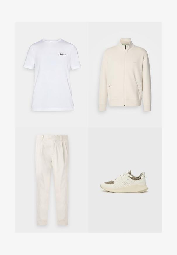 Casaco com fecho éclair em tom off-white, com colarinho elevado, mangas longas, bolsos laterais e um discreto logótipo "BOSS" no lado esquerdo do peito.; T-shirt de algodão branca com mangas curtas e decote redondo, apresentando um logo preto "BOSS" no lado esquerdo do peito e detalhes de tecido de contraste.; Calças brancas pregueadas com um corte ajustado, apresentando uma textura suave, passantes de cinto e pernas afuniladas. Sem bolsos visíveis ou padrões.; Sapatilha atlética branca e bege claro, com parte superior em malha, detalhes perfurados e uma entressola texturizada com marcação no calcanhar.