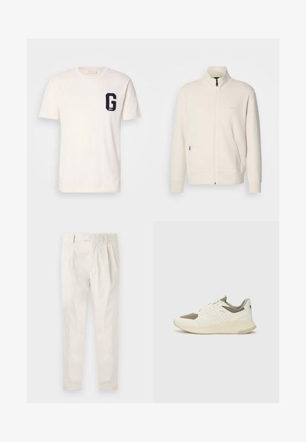 Kreemi värvi lukuga jakk kõrge kraega, pikkade varrukatega, küljetaskutega ja diskreetse "BOSS" logo ka vasakul rinnal.; Valge lühikeste varrukatega ümmarguse kaelusega t-särk, mille vasakul rinnal on tumesinine "G" päis.; Valged volditud püksid, mis on kohandatud sobivusega, sujuva tekstuuriga, vööloopidega ja kitsenevate jalgadega. Pole nähtavaid taskuid ega mustreid.; Valge ja heledat beeži värvi spordijalats, millel on õhuke võrkmaterjal, perforatsioonidega detailid ning tekstuuriga vahetald, millel on brändi logo kannaosas.