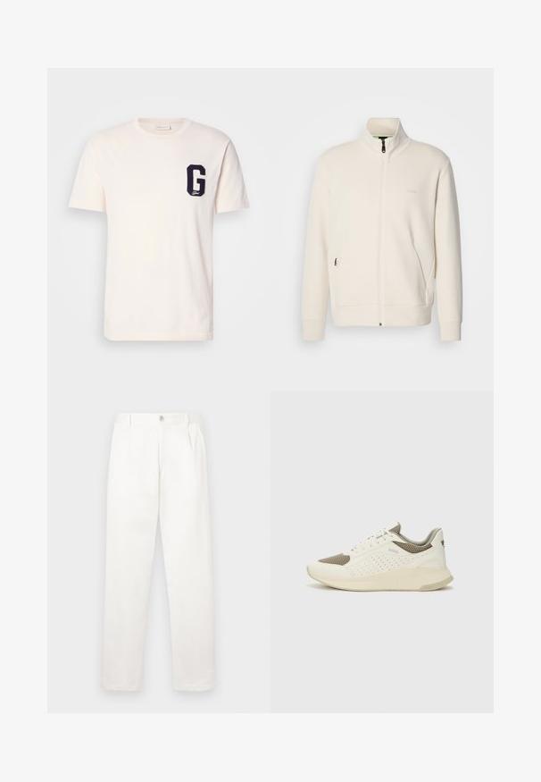 Kurtka zapinana na zamek w kolorze off-white z stójką, długimi rękawami, bocznymi kieszeniami oraz subtelnym logo "BOSS" na lewej piersi.; Biała koszulka z krótkim rękawem i okrągłym dekoltem, z granatową naszywką w kształcie litery "G" po lewej stronie klatki piersiowej.; Białe spodnie wykonane z gładkiego materiału, charakteryzujące się prostym krojem nogawki, plisami z przodu oraz pojedynczym zapięciem na guzik w pasie.; Białe i jasnobeżowe sneakersy sportowe, z siateczkową cholewką, perforowanymi detalami oraz teksturowaną podeszwą śródstopia z brandingiem na pięcie.