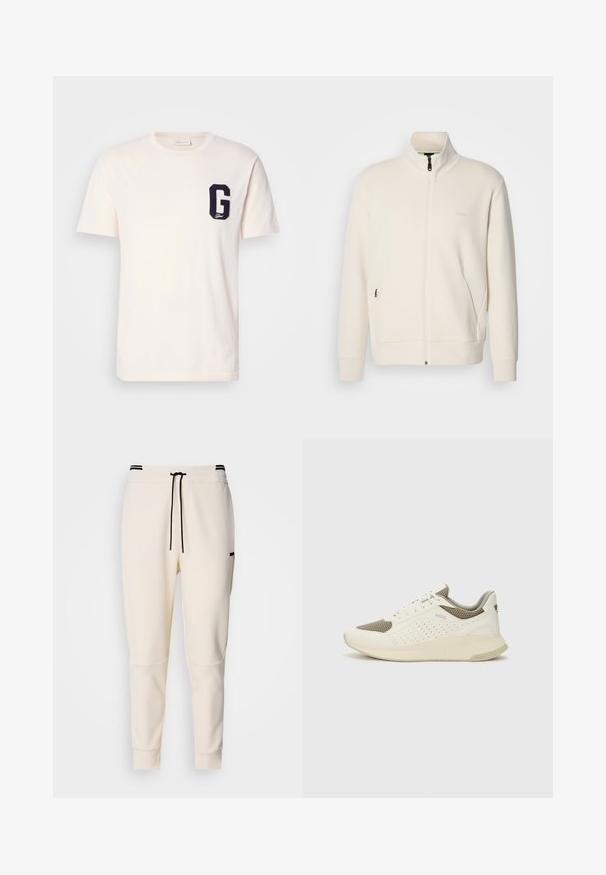 Krémová zipová bunda s vysokým límcem, dlouhými rukávy, bočními kapsami a jemným logem "BOSS" na levé části hrudi.; Bílý tričko s krátkým rukávem a kulatým výstřihem s nášivkou navy modrého písmene "G" na levém prsu.; Krémové joggingové kalhoty s elastickým pasem na šňůrku, černými akcenty, zúženými nohavicemi a bočními kapsami.; Bílé a světle béžové atletické tenisky, které mají síťovaný svršek, perforované detaily a texturovanou mezipodešev s logem na patě.