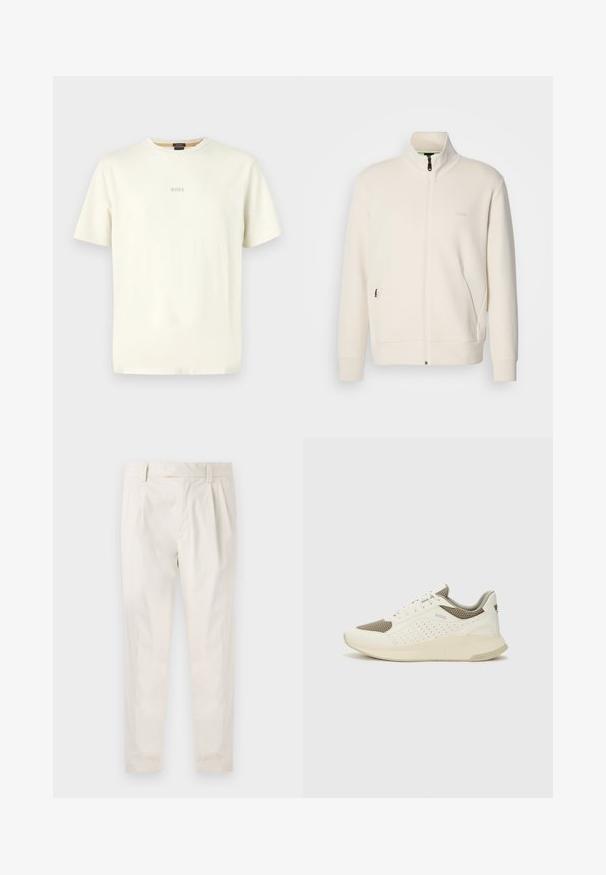 Off-white zip-up jakna s stoječim ovratnikom, dolgimi rokavi, stranskimi žepi in subtilnim logotipom "BOSS" na levem prsnem delu.; Kremna majica s kratkimi rokavi iz bombaža, z okroglim ovratnikom in besedo "BOSS" natisnjeno v subtilni sivi barvi spredaj.; Bele, plisirane hlače s krojenim prileganjem, z gladko teksturo, z zankami za pas in ožjimi hlačnicami. Brez vidnih žepov ali vzorcev.; Beli in svetlo bež športni copat, s mrežastim zgornjim delom, perforiranimi detajli in teksturirano srednjim delom z blagovno znamko na peti.