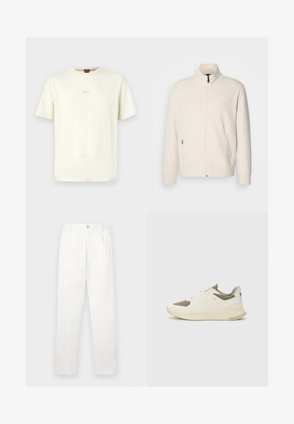 Krémová zipová bunda s vysokým límcem, dlouhými rukávy, bočními kapsami a jemným logem "BOSS" na levé části hrudi.; Krémové tričko s krátkým rukávem vyrobené z bavlny, s kulatým výstřihem a se slovem "BOSS" tištěným v jemné šedé barvě na přední straně.; Bílé kalhoty vyrobené z hladké tkaniny, s rovnými nohavicemi, předními sklady a jedním knoflíkem na zavírání v pase.; Bílé a světle béžové atletické tenisky, které mají síťovaný svršek, perforované detaily a texturovanou mezipodešev s logem na patě.