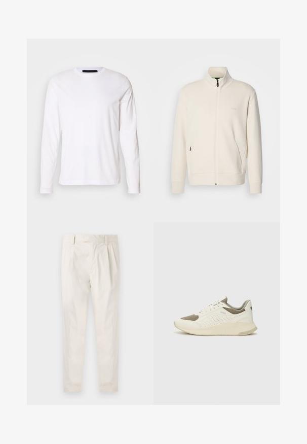 Hosszú ujjú, álló galléros, krémfehér cipzáras dzseki, oldalsó zsebekkel és diszkrét "BOSS" logóval a bal mellrészen.; Hosszú ujjú fehér pamut póló, kerek nyakkivágással és egyenes szabással. Simaszerkezet és minimalista dizájn, látható minták vagy kiegészítők nélkül.; Fehér, pliszírozott nadrág, testre szabott szabással, sima felülettel, övhurkokkal és karcsú lábszárral. Nincs látható zseb vagy minta.; Fehér és világos bézs sportcipő, légies hálós felsőrésszel, perforált részletekkel és texturált középtalppal, amelyen a saroknál a márka logója található.