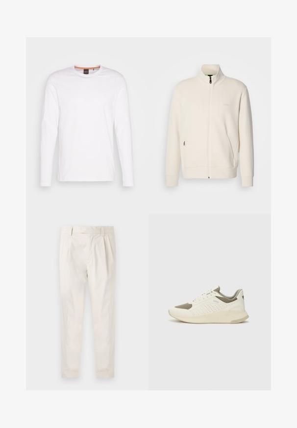 Off-white Zip-Jacke mit Stehkragen, langen Ärmeln, Seitentaschen und dezenter "BOSS"-Logo auf der linken Brust.; Weißes Langarm-T-Shirt aus Baumwolle. Verfügt über einen runden Halsausschnitt und ein kleines, eingeprägtes Logo auf der linken Brust. Glatte Textur.; Weiße, plissierte Hose mit taillierten Schnitt, die eine glatte Textur, Gürtelschlaufen und schmal zulaufende Beine aufweist. Keine sichtbaren Taschen oder Muster.; Weiße und hellbeige Sport Sneakers, ausgestattet mit einem Obermaterial aus Netzgewebe, perforierten Details und einer strukturierten Zwischensohle mit Branding an der Ferse.