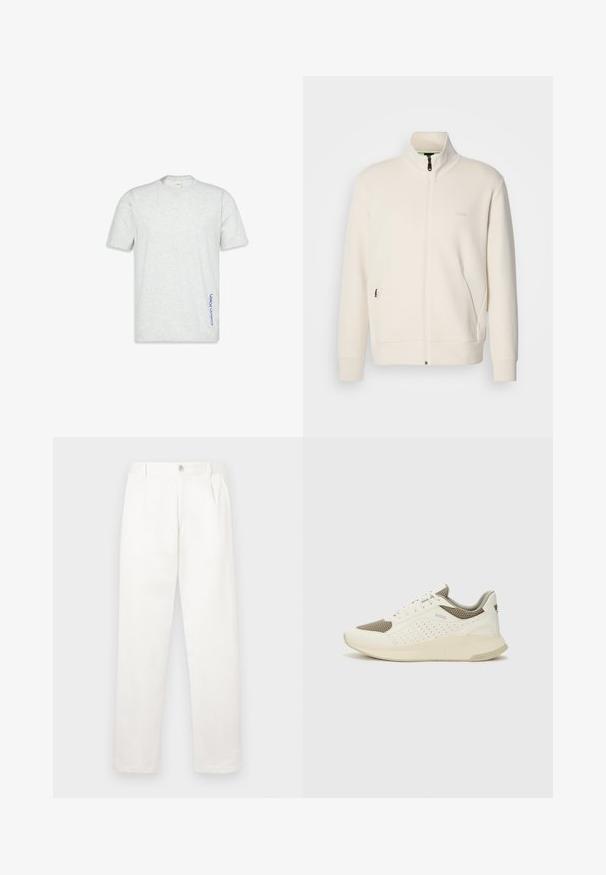 Krémová zipová bunda s vysokým límcem, dlouhými rukávy, bočními kapsami a jemným logem "BOSS" na levé části hrudi.; Světle šedé tričko s krátkým rukávem a kulatým výstřihem, s vertikálním modrým logem "Calvin Klein" na spodním bočním švu.; Bílé kalhoty vyrobené z hladké tkaniny, s rovnými nohavicemi, předními sklady a jedním knoflíkem na zavírání v pase.; Bílé a světle béžové atletické tenisky, které mají síťovaný svršek, perforované detaily a texturovanou mezipodešev s logem na patě.