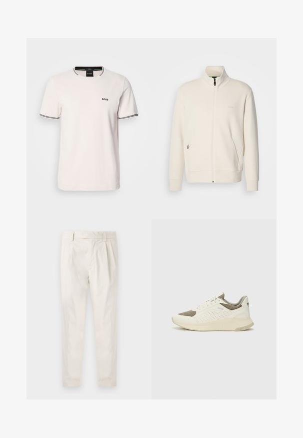 Off-white zip-up jacket with stand collar, long sleeves, side pockets, and subtle "BOSS" logo on the left chest.; Light pink t-shirt made of cotton. Crew neck with contrasting black ribbed trim. Small black "BOSS" logo on the chest. Short sleeves.; White, pleated trousers with a tailored fit, featuring a smooth texture, belt loops, and tapered legs. No visible pockets or patterns.; White and light beige athletic sneaker, featuring a mesh upper, perforated detailing, and a textured midsole with branding on the heel.
