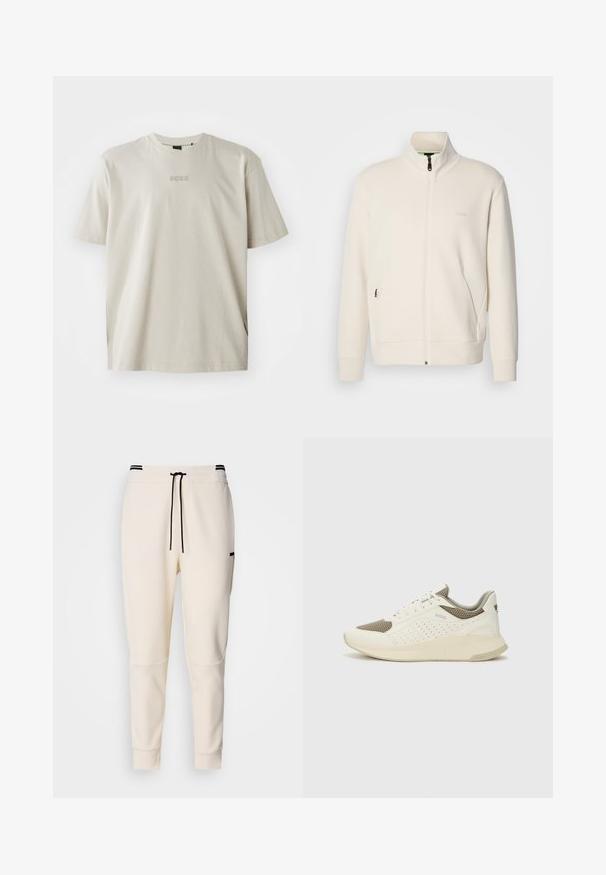 Krémová zipová bunda s vysokým límcem, dlouhými rukávy, bočními kapsami a jemným logem "BOSS" na levé části hrudi.; Béžové bavlněné tričko s kulatým výstřihem a krátkými rukávy. Na hrudi se nachází embosované logo "BOSS". Hladká textura, volný střih.; Krémové joggingové kalhoty s elastickým pasem na šňůrku, černými akcenty, zúženými nohavicemi a bočními kapsami.; Bílé a světle béžové atletické tenisky, které mají síťovaný svršek, perforované detaily a texturovanou mezipodešev s logem na patě.