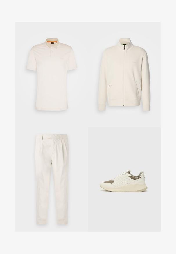 Kreemi värvi lukuga jakk kõrge kraega, pikkade varrukatega, küljetaskutega ja diskreetse "BOSS" logo ka vasakul rinnal.; Lühikeste varrukatega polo-särk heledast beigest puuvillast, kahe nupuga kaelusega, tagasihoidliku logoga ja kontrastsete triibuga kaeluses.; Valged volditud püksid, mis on kohandatud sobivusega, sujuva tekstuuriga, vööloopidega ja kitsenevate jalgadega. Pole nähtavaid taskuid ega mustreid.; Valge ja heledat beeži värvi spordijalats, millel on õhuke võrkmaterjal, perforatsioonidega detailid ning tekstuuriga vahetald, millel on brändi logo kannaosas.