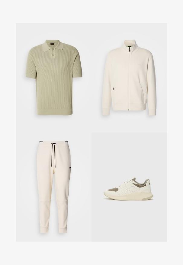Off-white krūškurvja jaka ar uzacīšu apkakli, garām piedurknēm, sānu kabatām un diskrētu "BOSS" logo uz kreisā krūškurvja.; Gaiši zaļš ribots polo krekls ar īsām piedurknēm, ar pogām aizdari un platu apkakli. Mīksta adīta tekstūra ar piegulošu piegriezumu.; Kreminkrāsas joggeri ar elastīgu jostasvīru un šnurēšanu, melniem akcentiem, sašaurinātiem biksēm un sānu kabatām.; Baltas un gaiši bež sporta apavi, ar sieta augšdaļu, perforētiem detaļām un teksturētu vidusdaļu ar zīmolu uz papēža.