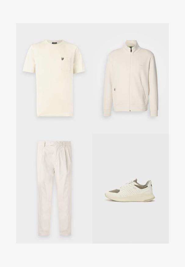 Off-white zip-up jack met staande kraag, lange mouwen, zijzakken en een subtiele "BOSS" logo op de linkerborst.; Roomkleurig katoenen T-shirt met een ronde hals, korte mouwen en een borstzakje aan de linkerkant met een klein geborduurd vlinderdetail.; Witte, geplooide broeken met een getailleerde pasvorm, met een gladde textuur, riemlussen en taps toelopende benen. Geen zichtbare zakken of patronen.; Witte en lichtbeige sport sneaker, met een bovenwerk van mesh, geperforeerde details en een gestructureerde tussenzool met branding op de hiel.
