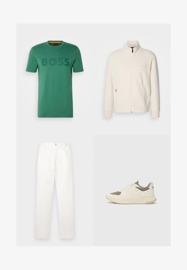 Off-white krūškurvja jaka ar uzacīšu apkakli, garām piedurknēm, sānu kabatām un diskrētu "BOSS" logo uz kreisā krūškurvja.; Zaļš kokvilnas T-krekls ar īsām piedurknēm un apaļu kakla izgriezumu, ar tekstu "BOSS" tumšāk zaļā krāsā uz krūtīm.; Baltas bikses, izgatavotas no gludas auduma, ar taisnu kāju dizainu, priekšējiem krokām un vienu pogu aizdari jostasvietā.; Baltas un gaiši bež sporta apavi, ar sieta augšdaļu, perforētiem detaļām un teksturētu vidusdaļu ar zīmolu uz papēža.