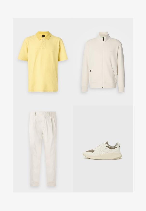 Valkoinen vetoketjullinen takki, jossa on pystykaulus, pitkät hihat, sivutaskut ja huomaamaton "BOSS"-logo vasemmassa rinnassa.; Keltainen puuvillapolo paita, jossa on napillinen kaulus, lyhyet hihat ja hienovaraisesti brodeerattu logo rinnassa.; Valkoiset, laskostetut housut, joissa on räätälöity istuvuus. Housut ovat sileäpintaiset, niissä on vyölenkit ja kapenevat lahkeet. Ei näkyviä taskuja tai kuvioita.; Valkoinen ja vaaleanbeige urheilukengät, joissa on verkkomateriaali yläosa, rei'itettyjä yksityiskohtia ja teksturoitu välipohja, jossa on brändäys kantapäässä.
