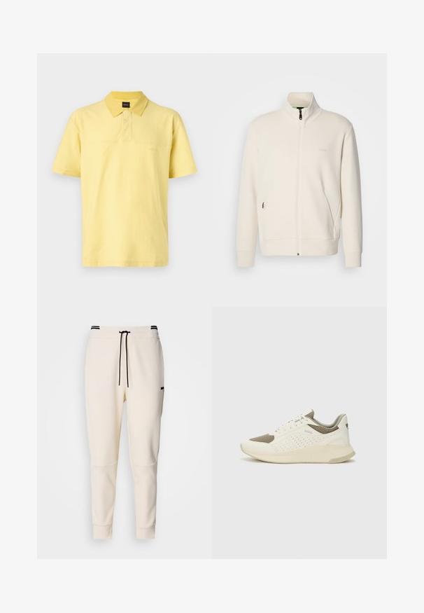 Hosszú ujjú, álló galléros, krémfehér cipzáras dzseki, oldalsó zsebekkel és diszkrét "BOSS" logóval a bal mellrészen.; Sárga pamut póló, gombos gallérral, rövid ujjakkal és diszkrét hímzett logóval a mellkason.; Krém színű jogger nadrág, elasztikus derékkal és húzózsinórral, fekete kiegészítőkkel, tapered (felfelé keskenyedő) lábakkal és oldalsó zsebekkel.; Fehér és világos bézs sportcipő, légies hálós felsőrésszel, perforált részletekkel és texturált középtalppal, amelyen a saroknál a márka logója található.