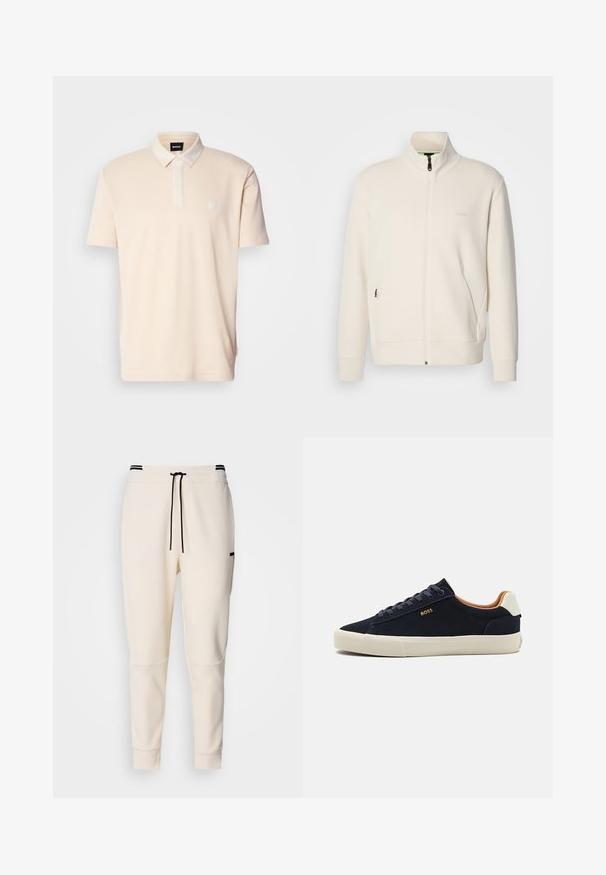 Kurtka zapinana na zamek w kolorze off-white z stójką, długimi rękawami, bocznymi kieszeniami oraz subtelnym logo "BOSS" na lewej piersi.; Koszulka polo z krótkim rękawem w jasnobeżowym kolorze z bawełny, z kołnierzykiem zapinanym na guziki i małym haftowanym logo po lewej stronie klatki piersiowej. Regularny krój.; Joggerki w kolorze kremowym z elastycznym paskiem w talii z troczkiem, czarnymi akcentami, zwężanymi nogawkami oraz bocznymi kieszeniami.; Granatowe zamszowe sneakersy typu low-top z beżową podeszwą, kontrastowym tanowym wnętrzem i detalem logo po zewnętrznej stronie. Posiadają okrągłe sznurowadła i gładką fakturę.