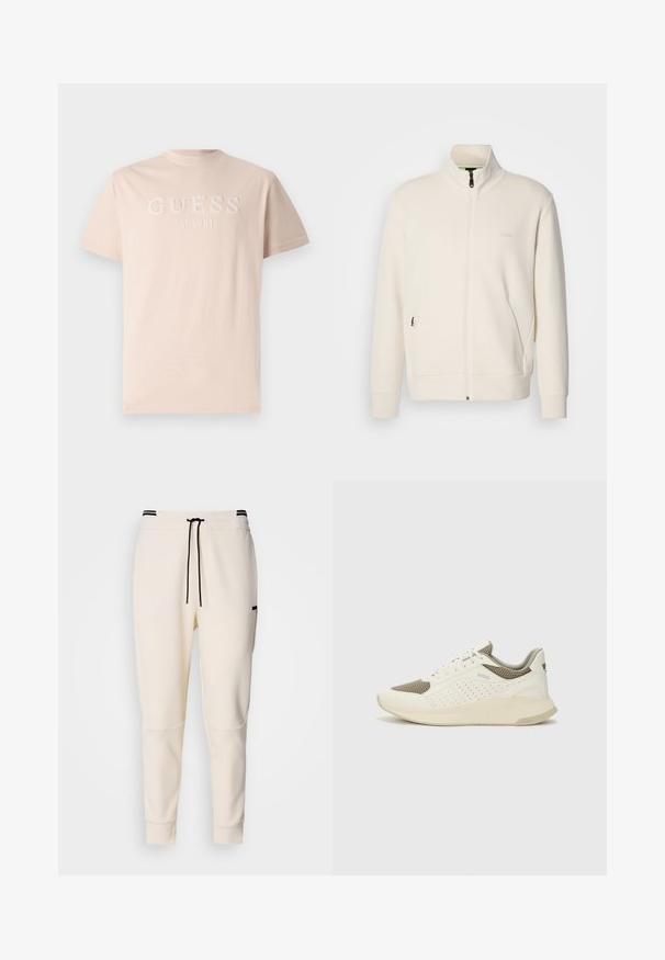 Valkoinen vetoketjullinen takki, jossa on pystykaulus, pitkät hihat, sivutaskut ja huomaamaton "BOSS"-logo vasemmassa rinnassa.; Vaaleanpunainen puuvillapaita, jossa on brodeerattu "GUESS"-logo ja "EST. 1981" -yksityiskohta edessä. Paidassa on klassinen pyöreä pääntie ja lyhyet hihat.; Housut jogger-tyyliin, vaaleankreeminväriset, joissa on elastinen vyötärö naruilla, mustat yksityiskohdat, kapenevat lahkeet ja sivutaskut.; Valkoinen ja vaaleanbeige urheilukengät, joissa on verkkomateriaali yläosa, rei'itettyjä yksityiskohtia ja teksturoitu välipohja, jossa on brändäys kantapäässä.