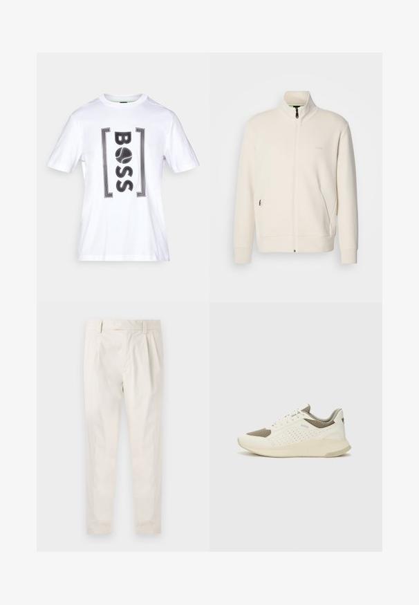 Off-white krūškurvja jaka ar uzacīšu apkakli, garām piedurknēm, sānu kabatām un diskrētu "BOSS" logo uz kreisā krūškurvja.; Balts kokvilnas T-krekls ar īsām piedurknēm, kuram ir uzraksts "BOSS" treknajos melnajos burtiem, ietverts taisnstūra motīvos. Gluda tekstūra, apaļš kakla izgriezums.; Baltas, pleitēts bikses ar piegriezumu, kas pielāgots figūrai, ar gludu tekstūru, jostas cilpām un sašaurinātiem galiem. Nav redzamu kabatu vai rakstu.; Baltas un gaiši bež sporta apavi, ar sieta augšdaļu, perforētiem detaļām un teksturētu vidusdaļu ar zīmolu uz papēža.