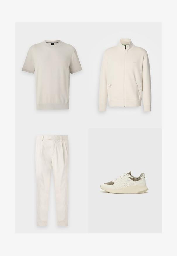 Off-white zip-up jacket with stand collar, long sleeves, side pockets, and subtle "BOSS" logo on the left chest.; Short-sleeve crew neck t-shirt in light beige textured fabric. Features ribbed neckline and cuffs with a subtle contrasting trim.; White, pleated trousers with a tailored fit, featuring a smooth texture, belt loops, and tapered legs. No visible pockets or patterns.; White and light beige athletic sneaker, featuring a mesh upper, perforated detailing, and a textured midsole with branding on the heel.