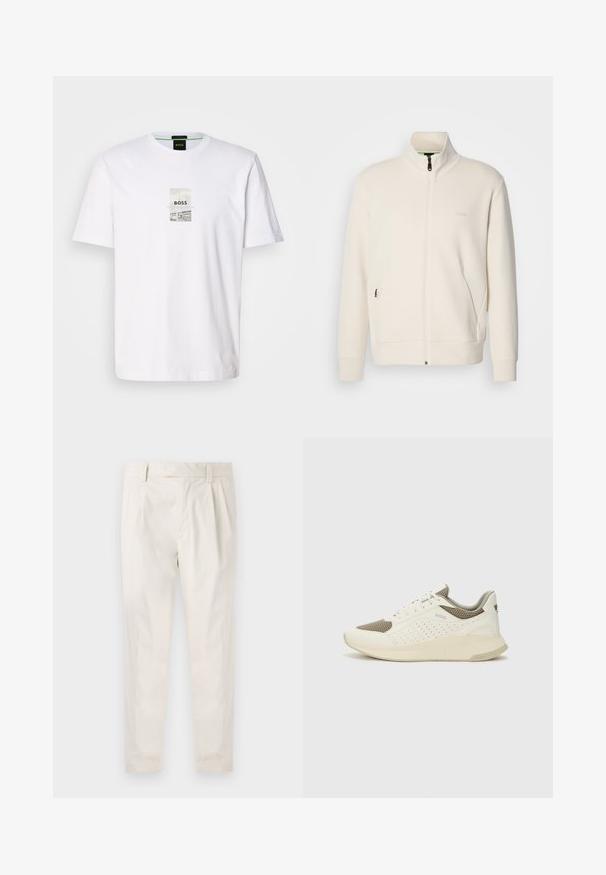 Off-white zip-up jakna s stoječim ovratnikom, dolgimi rokavi, stranskimi žepi in subtilnim logotipom "BOSS" na levem prsnem delu.; Bela bomba iz bombaža z rectangularnim grafičnim tiskom, ki vsebuje "BOSS", modro črto in monochromatsko sliko. Kratki rokavi in krožna ovratnika.; Bele, plisirane hlače s krojenim prileganjem, z gladko teksturo, z zankami za pas in ožjimi hlačnicami. Brez vidnih žepov ali vzorcev.; Beli in svetlo bež športni copat, s mrežastim zgornjim delom, perforiranimi detajli in teksturirano srednjim delom z blagovno znamko na peti.