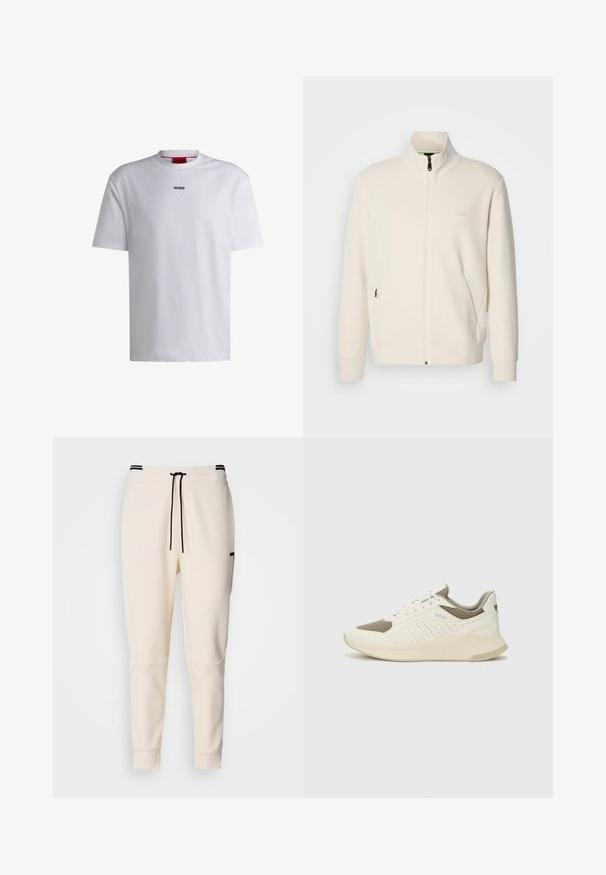 Off-white zip-up jacket with stand collar, long sleeves, side pockets, and subtle "BOSS" logo on the left chest.; White cotton t-shirt with short sleeves, round neckline, and a black "HUGO" logo on the chest. Smooth texture, casual fit, no patterns.; Cream-colored jogger pants featuring an elastic waistband with a drawstring, black accents, tapered legs, and side pockets.; White and light beige athletic sneaker, featuring a mesh upper, perforated detailing, and a textured midsole with branding on the heel.