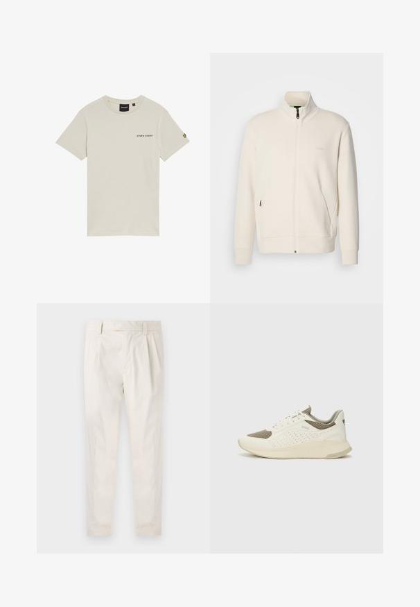 Jakna boje off-white s patentnim zatvaračem, stajaćim ovratnikom, dugim rukavima, bočnim džepovima i suptilnim logotipom "BOSS" na lijevoj strani prsnog koša.; Bež pamuk majica s okruglim izrezom, kratkim rukavima i malim logotipom "LYLE & SCOTT" otisnutim na prsima. Ima izvezeni logotip na rukavu.; Bijele, naborane hlače s krojem po mjeri, koje imaju glatku teksturu, petlje za pojas i sužene nogavice. Nema vidljivih džepova ili uzoraka.; Bijele i svijetlosmeđe sportske tenisice, sa mrežastim gornjim dijelom, perforiranim detaljima i teksturiranim međutrakom sa brendom na peti.