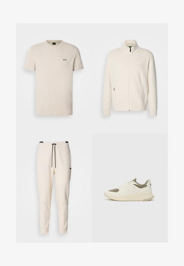 Ζακέτα σε off-white απόχρωση με κλείσιμο φερμουάρ, όρθιο γιακά, μακριά μανίκια, πλάγιες τσέπες και διακριτό λογότυπο "BOSS" στο αριστερό στήθος.; Μπεζ βαμβακερή μπλούζα T-shirt με στρογγυλή λαιμόκοψη και κοντά μανίκια. Διαθέτει ένα μικρό μαύρο λογότυπο "BOSS" στο αριστερό στήθος. Λεπτή υφή.; Κρεμ χρώματος παντελόνια jogger με ελαστική μέση και κορδόνι, μαύρες λεπτομέρειες, στενές γραμμές στα πόδια και πλαϊνές τσέπες.; Λευκό και ανοιχτό μπεζ αθλητικό παπούτσι, με επάνω μέρος από διχτυωτό υλικό, διακοσμήσεις με περφορέ και υφή στην ενδιάμεση σόλα με επωνυμία στη φτέρνα.