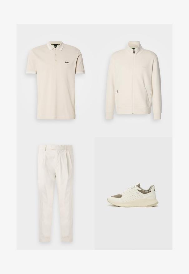 Krémová zipová bunda s vysokým límcem, dlouhými rukávy, bočními kapsami a jemným logem "BOSS" na levé části hrudi.; Beige polo tričko s límečkem, tříknoflíkovým zapínáním a vyšitým černým logem na levé hrudi. Krátké rukávy s bílými akcenty.; Bílé, plisované kalhoty s upraveným střihem, které mají hladkou texturu, poutka na opasek a zúžené nohavice. Bez viditelných kapes nebo vzorů.; Bílé a světle béžové atletické tenisky, které mají síťovaný svršek, perforované detaily a texturovanou mezipodešev s logem na patě.
