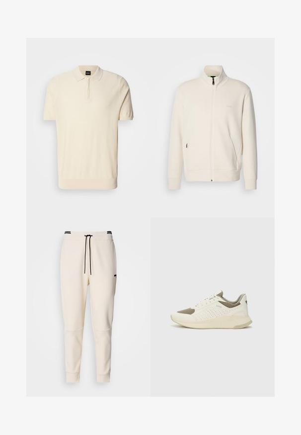 Off-white zip-up jacket with stand collar, long sleeves, side pockets, and subtle "BOSS" logo on the left chest.; Short-sleeve polo shirt in light beige, made from soft knit material. Features a half-zip collar and a fitted body with ribbed hem.; Cream-colored jogger pants featuring an elastic waistband with a drawstring, black accents, tapered legs, and side pockets.; White and light beige athletic sneaker, featuring a mesh upper, perforated detailing, and a textured midsole with branding on the heel.