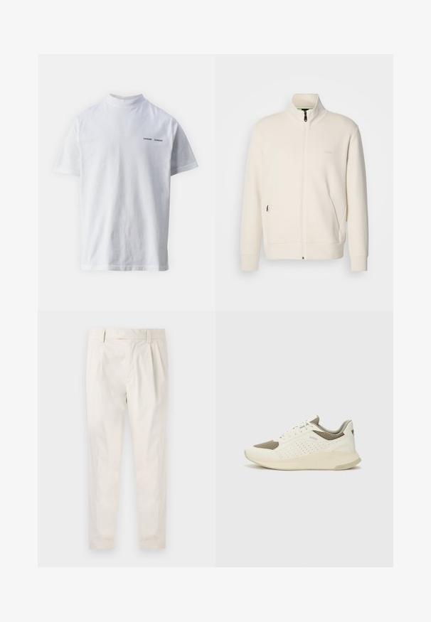 Kurtka zapinana na zamek w kolorze off-white z stójką, długimi rękawami, bocznymi kieszeniami oraz subtelnym logo "BOSS" na lewej piersi.; Biała bawełniana koszulka z wysokim dekoltem i krótkimi rękawami. Z przodu znajduje się czarne logo "SAMSØE SAMSØE". Gładka tekstura.; Białe, plisowane spodnie o dopasowanym kroju, z gładką fakturą, szlufkami na pasek i zwężanymi nogawkami. Brak widocznych kieszeni lub wzorów.; Białe i jasnobeżowe sneakersy sportowe, z siateczkową cholewką, perforowanymi detalami oraz teksturowaną podeszwą śródstopia z brandingiem na pięcie.