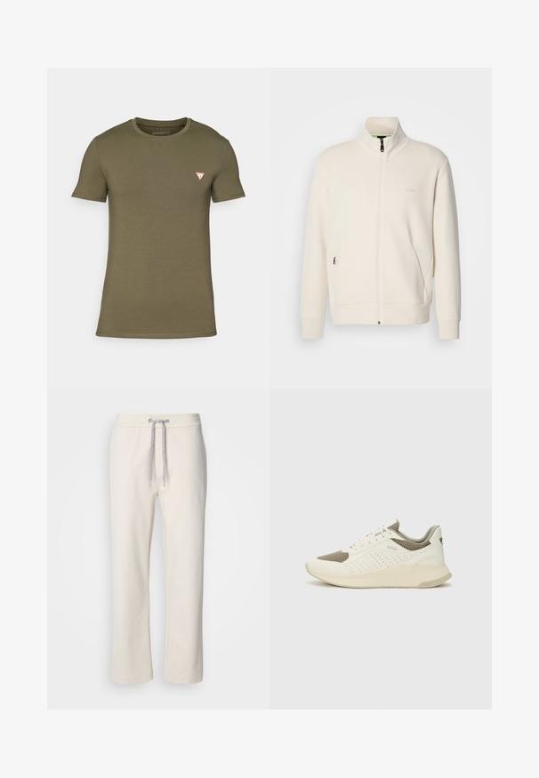 Casaco com fecho éclair em tom off-white, com colarinho elevado, mangas longas, bolsos laterais e um discreto logótipo "BOSS" no lado esquerdo do peito.; T-shirt verde oliva de mangas curtas feito de algodão. Apresenta um decote redondo e um pequeno logotipo triangular vermelho no lado esquerdo do peito. Textura suave.; Calças casuais de cor cremosa com cintura elástica e pernas retas, exibidas sobre um fundo branco liso.; Sapatilha atlética branca e bege claro, com parte superior em malha, detalhes perfurados e uma entressola texturizada com marcação no calcanhar.