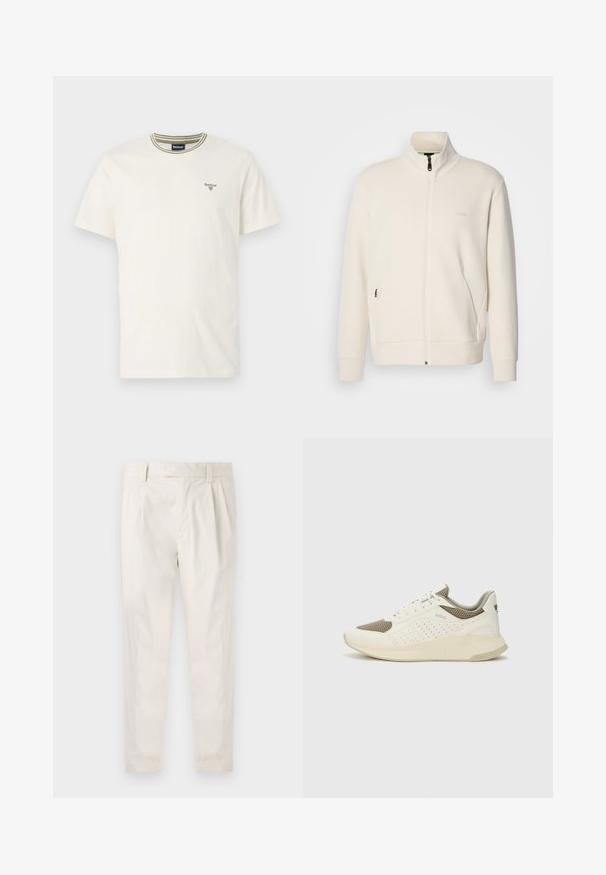 Off-white zip-up jacket with stand collar, long sleeves, side pockets, and subtle "BOSS" logo on the left chest.; White cotton t-shirt with short sleeves, round neckline featuring green and white striped trim, and small branded logo on the chest.; White, pleated trousers with a tailored fit, featuring a smooth texture, belt loops, and tapered legs. No visible pockets or patterns.; White and light beige athletic sneaker, featuring a mesh upper, perforated detailing, and a textured midsole with branding on the heel.